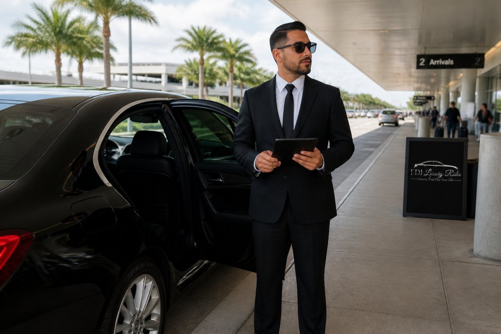A professional chauffeur in a dark suit standing beside a black luxury sedan at an airport curbside pickup zone, holding a tablet and looking toward arriving passengers with a calm, welcoming expression