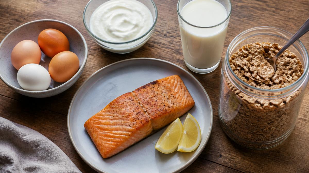 Infographic displaying nutrient-rich foods like salmon and eggs to support healthy B12 absorption levels.