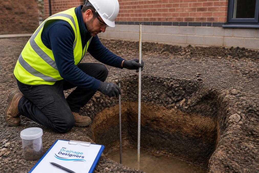 Professional engineer conducting percolation test at excavated pit with measuring equipment and depth gauge visible, assessing soil composition in daylight