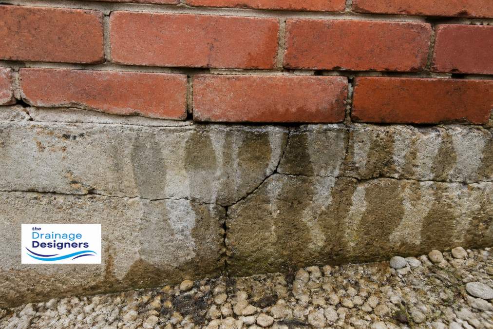 Close-up of damaged brick foundation wall showing visible cracks and water staining, with moisture seeping through mortar joints under natural daylight