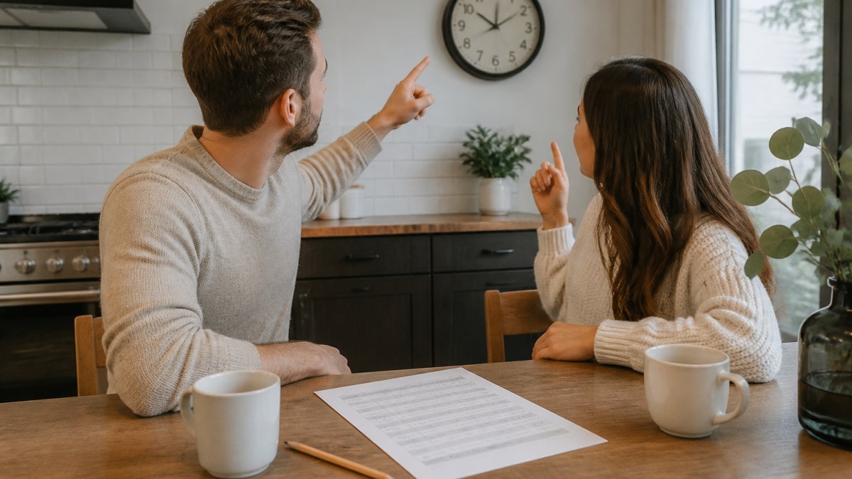 Couple at a kitchen table planning their wedding day using a printed timeline and clock