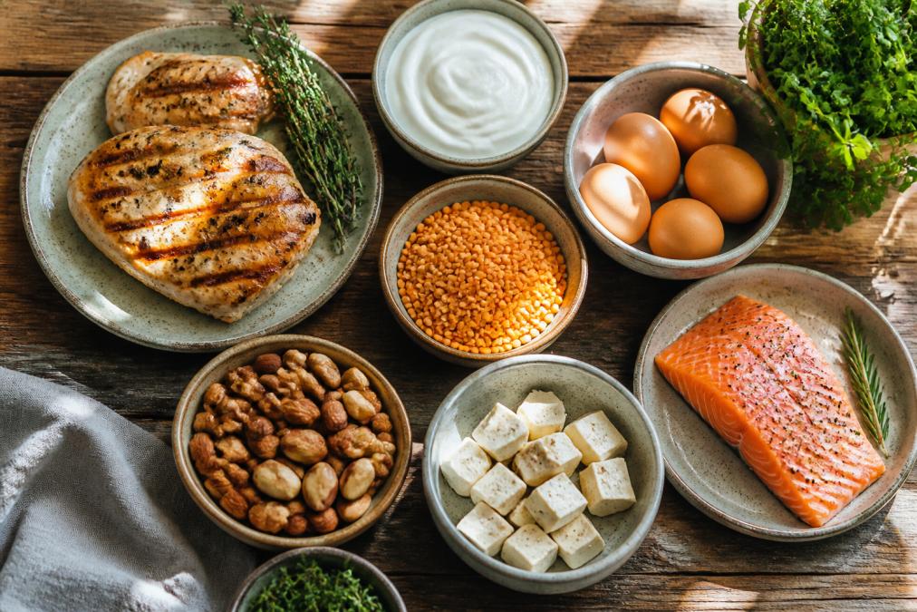 Infographic comparing the protein content of various whole food sources like lean meats, legumes, and nuts.