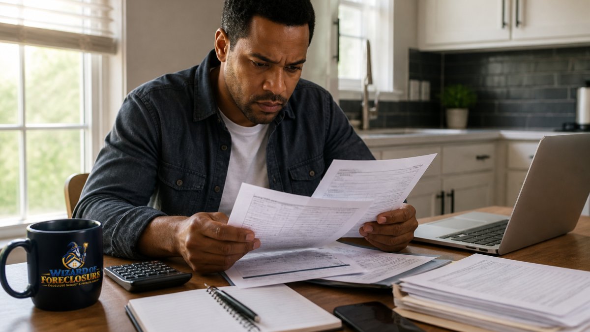 A person at a kitchen table reviewing credit reports and financial paperwork with a laptop open, warm natural light, focused expression