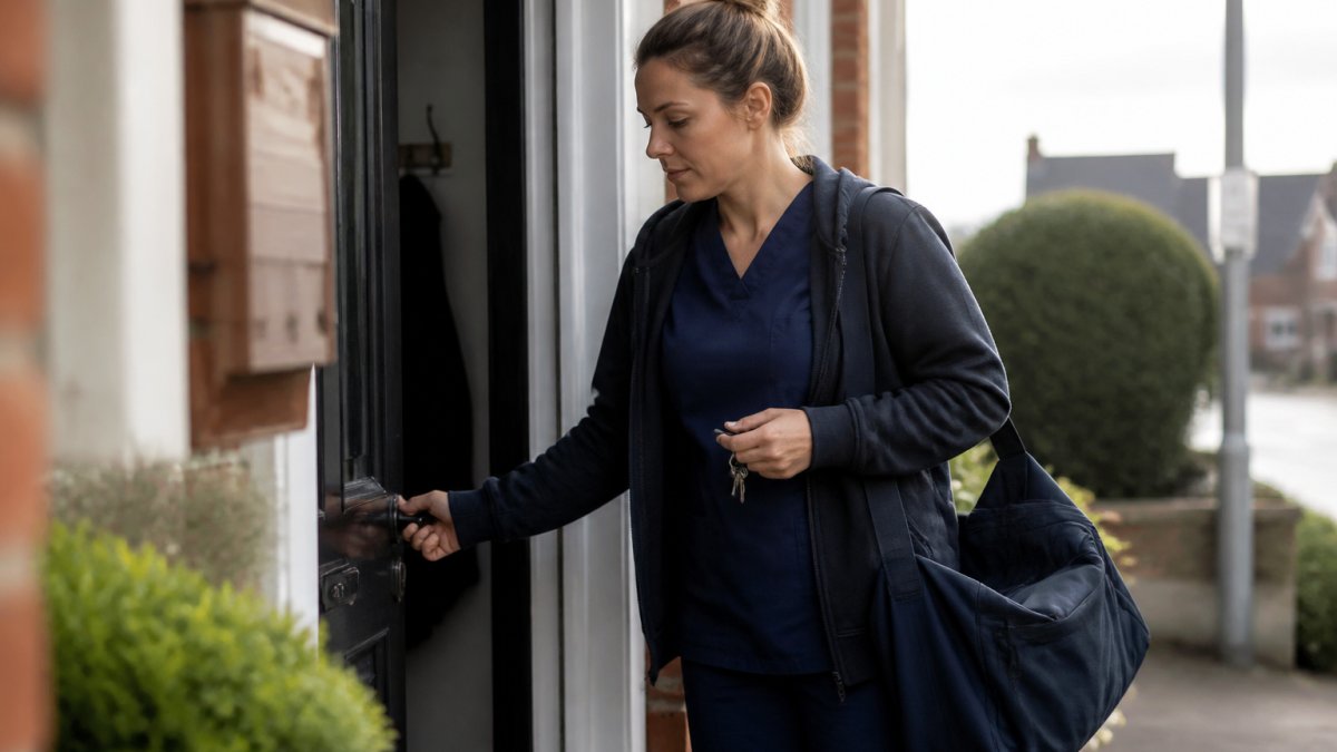 A person in their thirties arriving home in the early morning light, still in work clothes, closing the front door quietly behind them with keys in hand