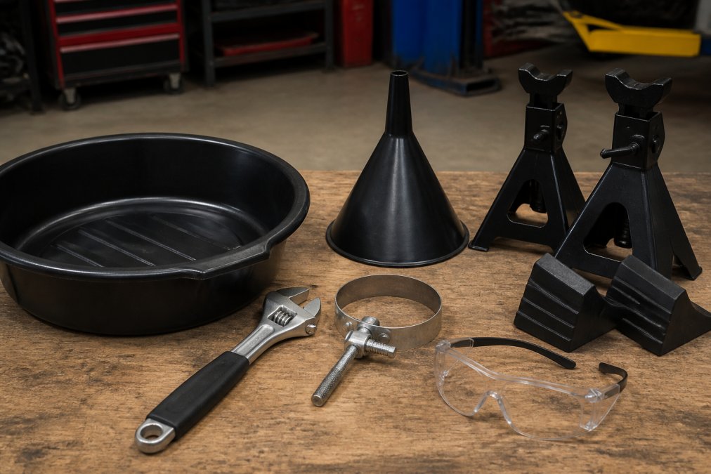 Close-up of essential oil change tools arranged on a workbench: drain pan, adjustable wrench, oil filter wrench, funnel, jack stands, wheel chocks, and safety goggles in natural garage lighting