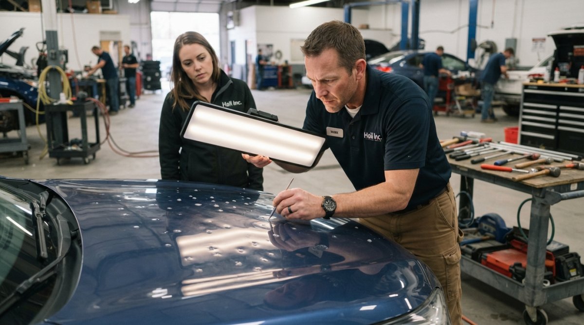 Technician inspecting hail damage on a vehicle hood to help you choose repair shop hail services