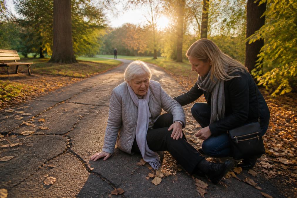 A cracked and uneven tarmac path in a Scottish public park with fallen leaves scattered across it, low autumn sunlight casting long shadows, a bench visible in the background