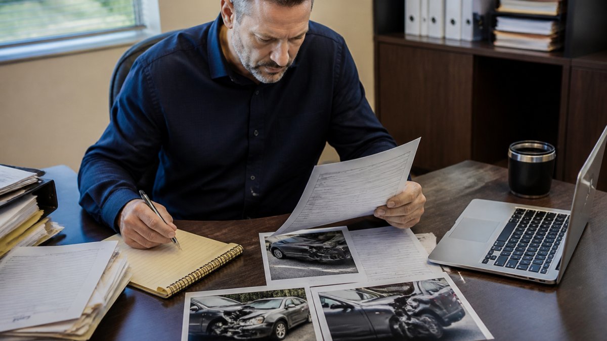 Insurance adjuster reviewing accident reports to determine if a driver is partly at fault for the crash.