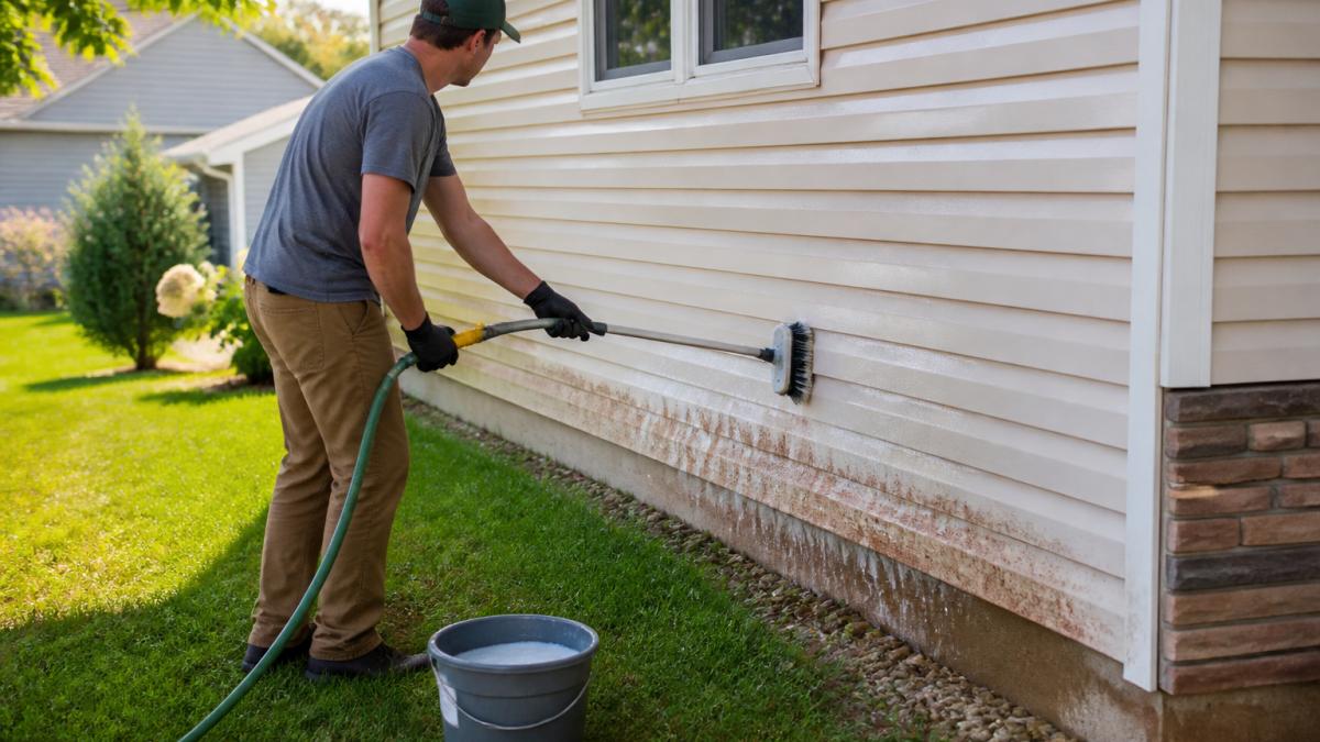 A homeowner standing on the ground using a long-handled soft-bristle brush attached to a garden hose to scrub the lower siding of a suburban house, bucket of soapy water nearby, sunny day