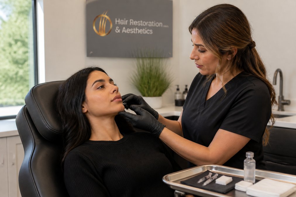 Clinician examining a patient's lips before a procedure to dissolve lip fillers in a calm clinical setting.
