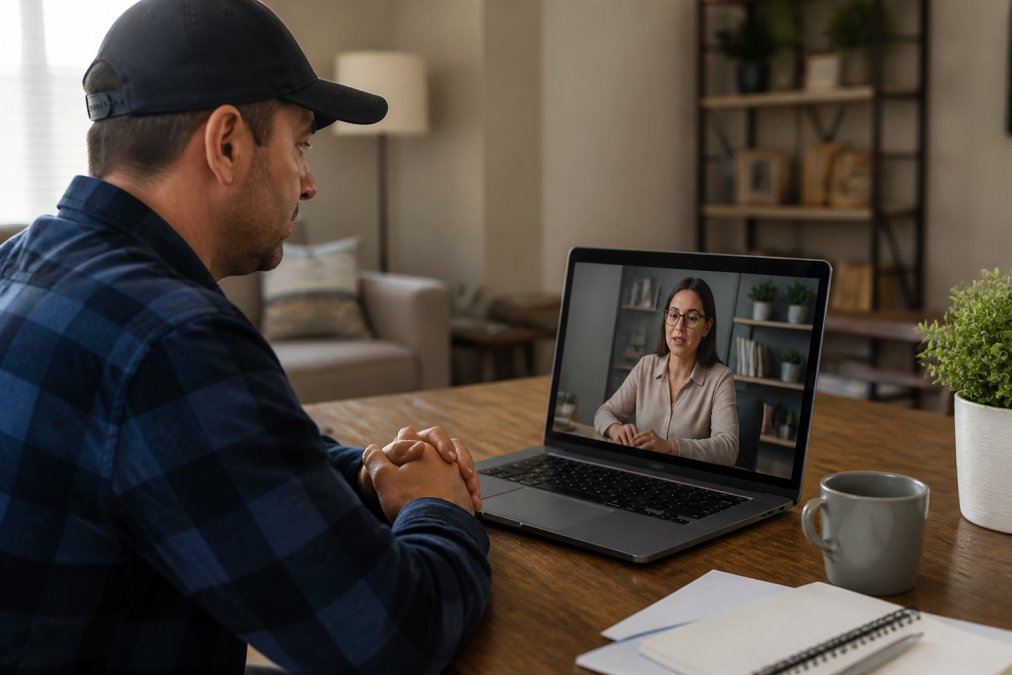 Commercial driver sitting at desk with laptop, participating in video call with counselor visible on screen, professional home office setting with natural lighting, showing telehealth SAP evaluation in progress