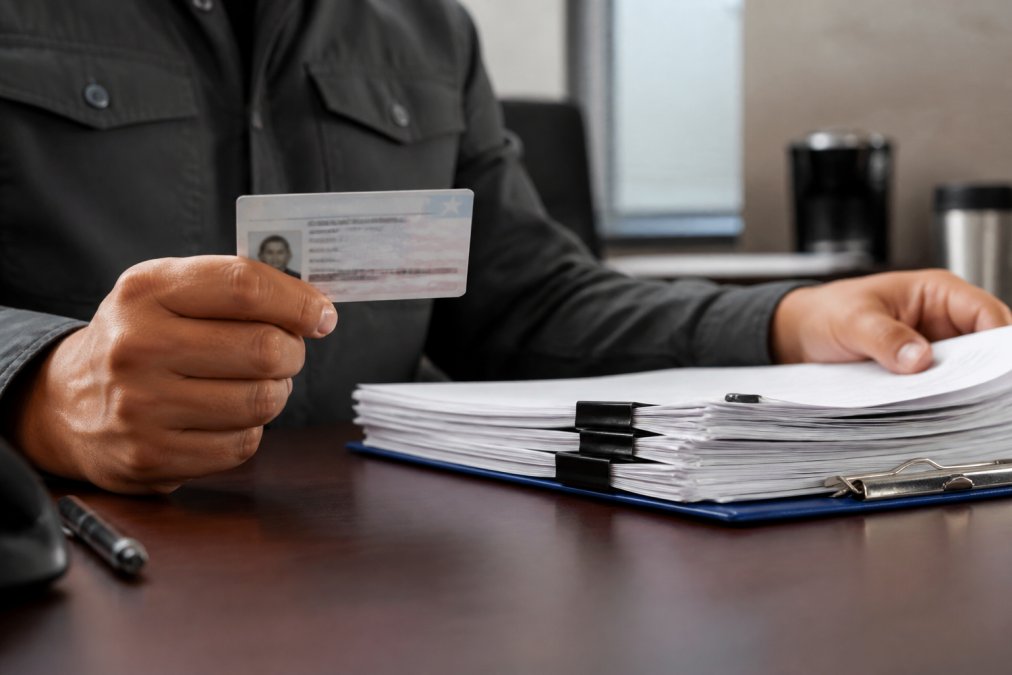 Close-up of hands holding commercial driver's license next to computer screen displaying compliance documentation and clearinghouse portal, representing regulatory requirements and clearinghouse integration