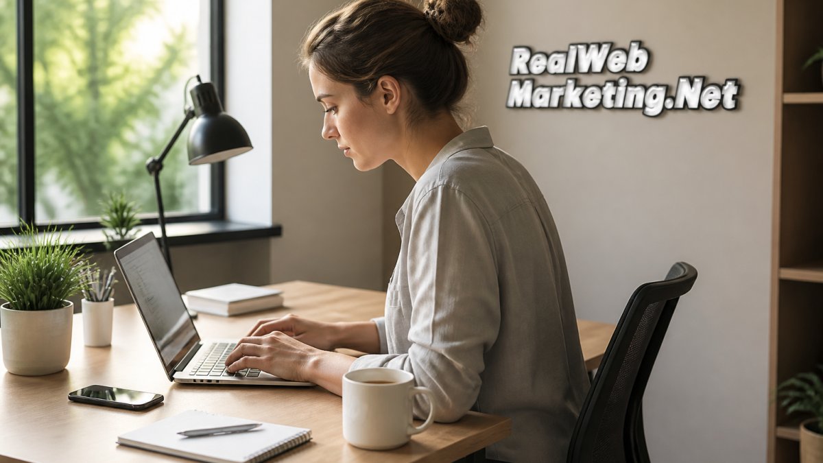 A small business owner working on a laptop at a tidy desk, editing website content in a browser with a notebook and coffee nearby, natural window light