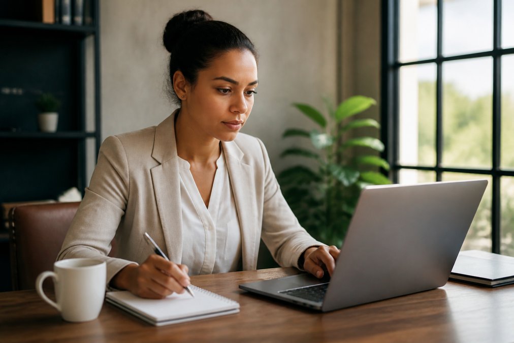Professional sitting at desk with laptop and notepad, entering information into an online registration portal with focused expression, natural office lighting