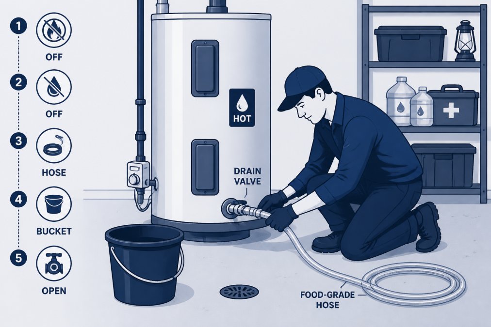 Homeowner carefully attaching a food-grade hose to the drain valve at the base of a residential water heater tank in a basement, showing proper positioning and safety setup