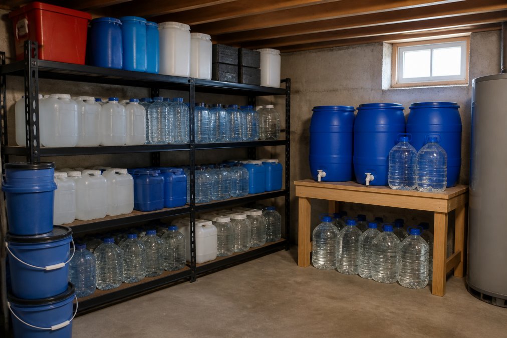 Organized basement storage area displaying multiple food-grade water storage containers in various sizes, including blue water barrels, clear plastic jugs, and emergency water supply kits arranged on shelves