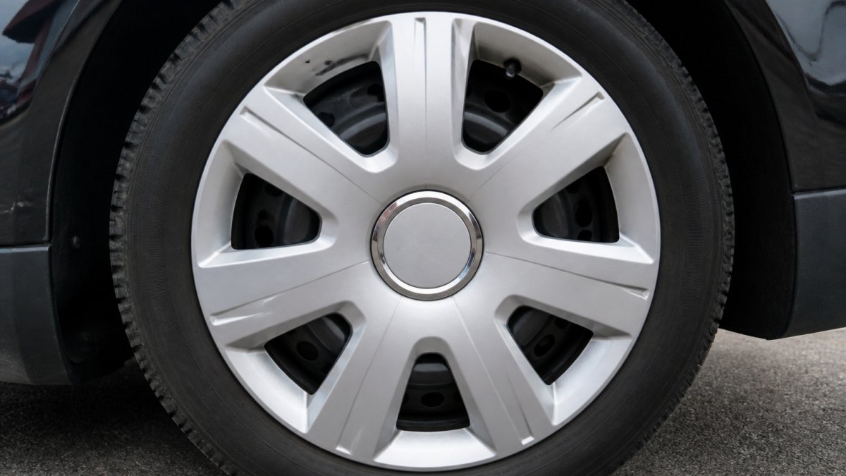 Close-up of a vehicle wheel showing both a decorative hubcap covering the lug nuts and a smaller center cap in the wheel's center, with clear visual distinction between the two components