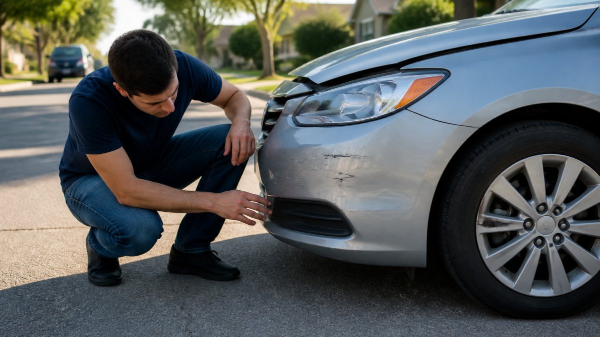 A person crouching beside a slightly damaged silver sedan on a quiet residential street, inspecting the front bumper and tire for leaks or misalignment in bright daylight