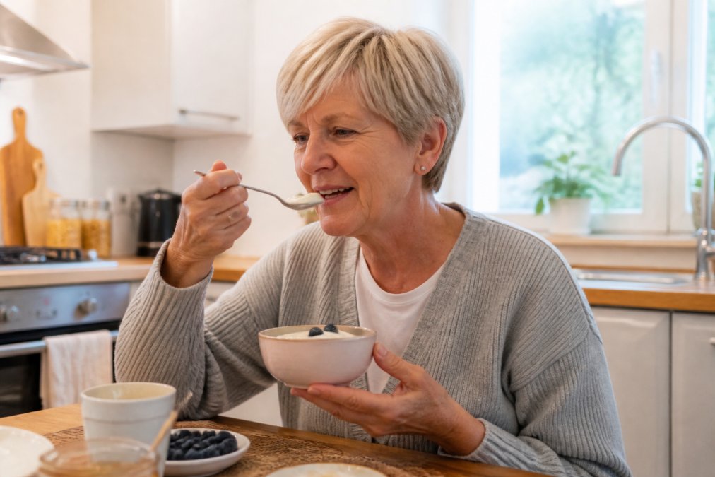 Patient eating soft food like yoghurt or soup with a spoon in a bright, comfortable kitchen setting