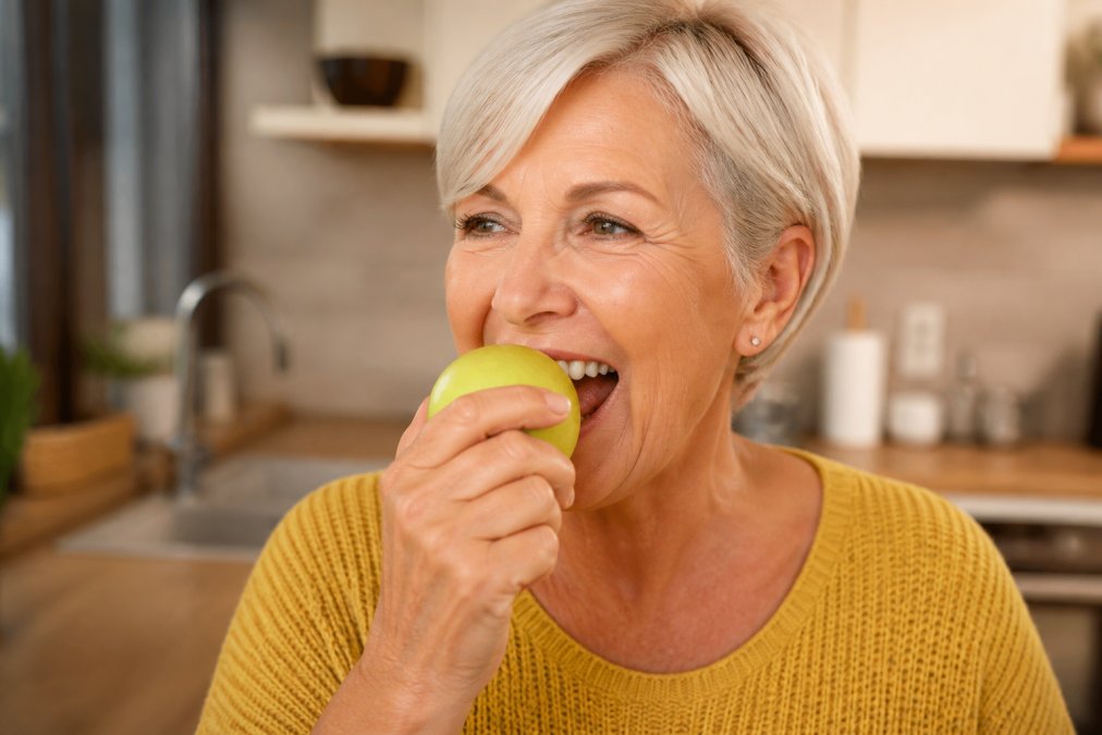 Person confidently biting into an apple or fresh vegetable, smiling naturally