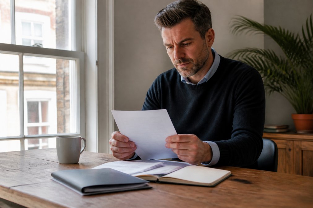 A landlord in smart casual attire reviewing legal documents at a wooden desk with a cup of tea, natural light streaming through a window