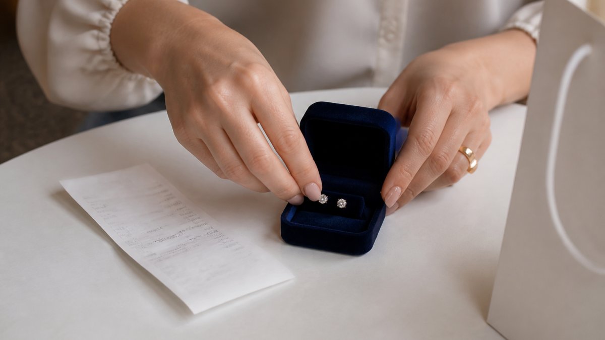 A woman's hands carefully placing a pair of stud earrings back into a small velvet jewellery box alongside a paper receipt on a clean white table