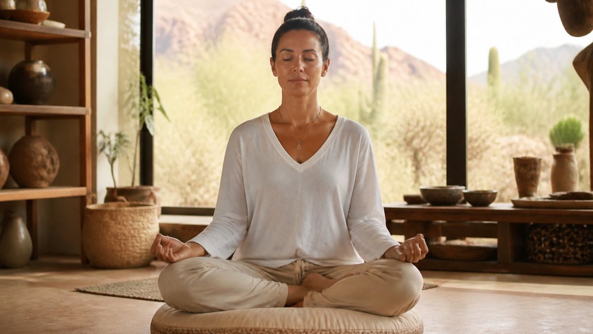 A person sitting cross-legged on a cushion in a sunlit, minimalist room with eyes closed and hands resting on knees, calm and grounded