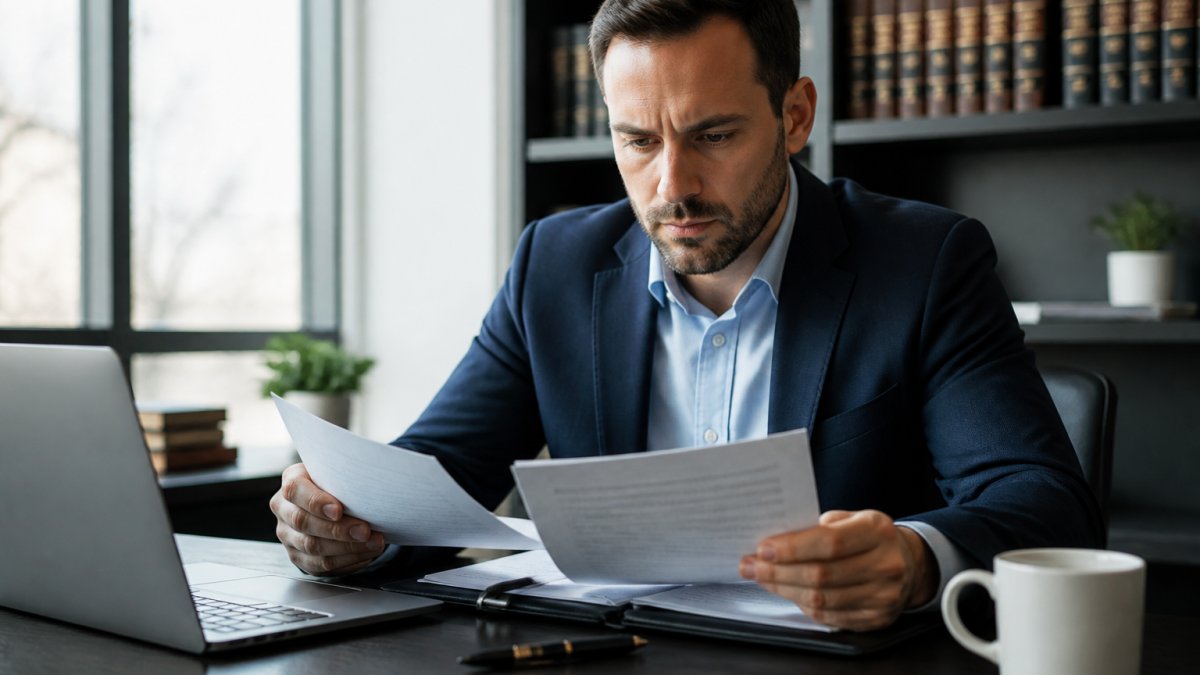 A person reviewing legal documents and a retainer agreement at a desk with a laptop, pen, and a cup of coffee, looking focused and determined