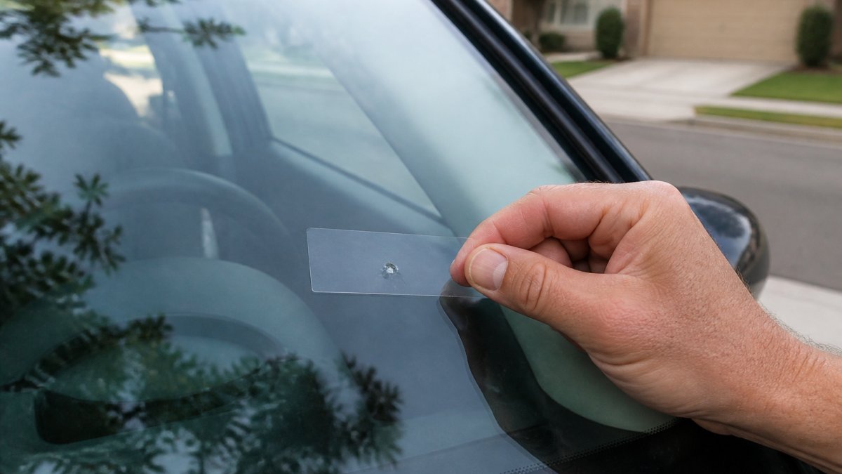 Applying clear repair tape over a rock chip on a cracked windshield