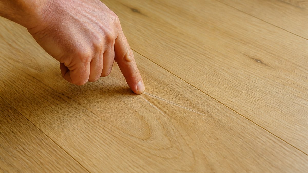 Fingertip assessing the depth of a scratch on light oak engineered wood flooring in natural daylight.