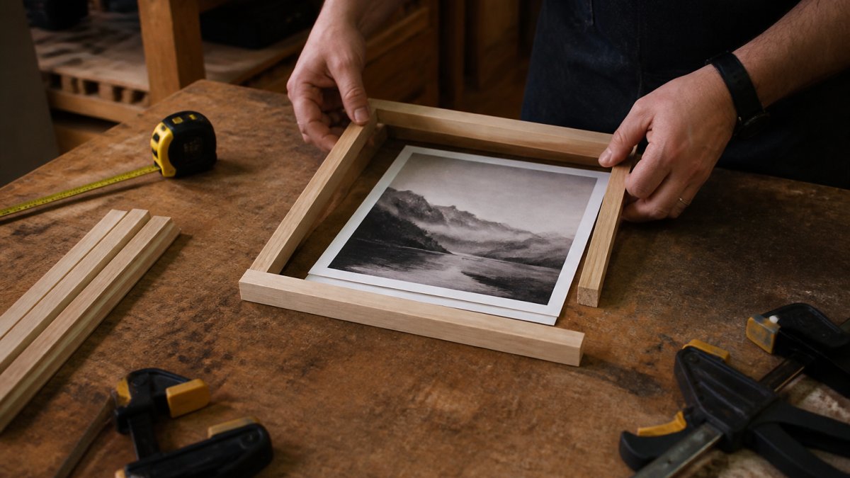Hands assembling a simple wooden floating frame around an unframed scripture print on a workbench, with a measuring tape, wood strips, and small clamps visible