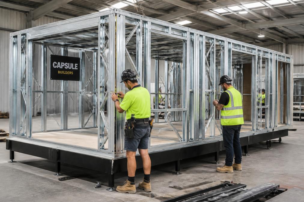 Steel-framed modular sections being precisely assembled on a factory floor, workers in safety gear inspecting joints and connections, industrial lighting highlighting quality control processes
