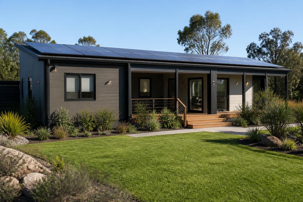 Completed modular home on site with finished landscaping, showing the final assembled structure with solar panels visible on the roof, natural daylight showing the exterior finishes and site integration