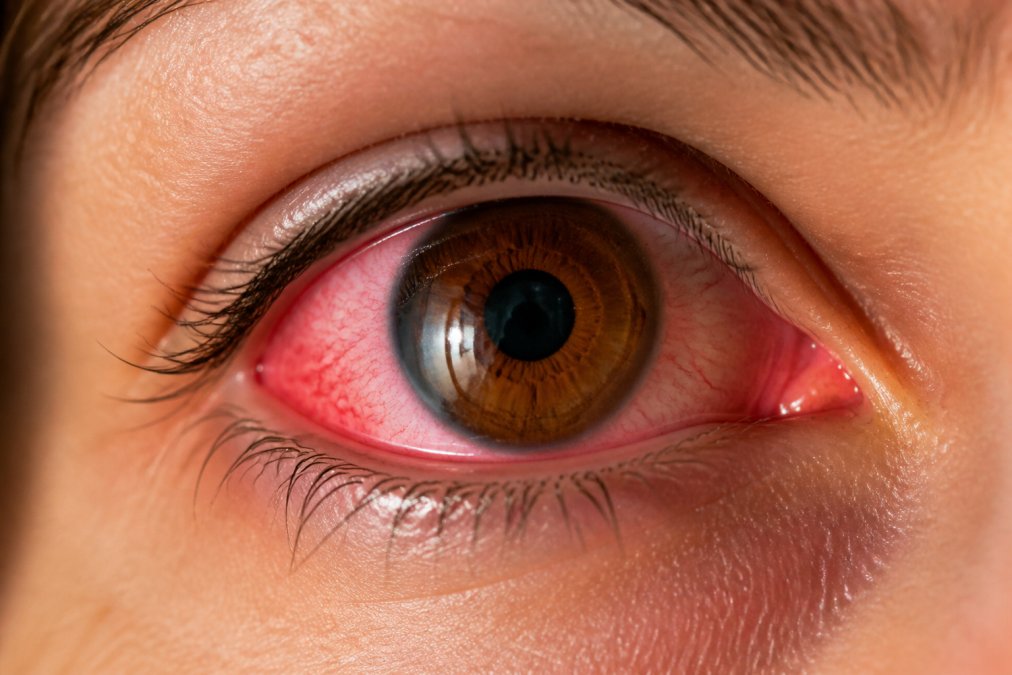 Close-up of an inflamed eye with visible redness and irritation on the white of the eye, demonstrating the consequences of improper contact lens wear