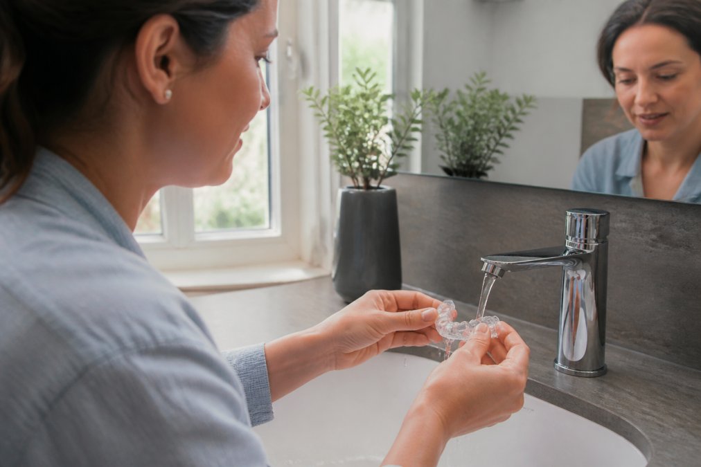 Patient's hands removing clear aligner trays and cleaning them under running water at a bathroom sink with natural daylight