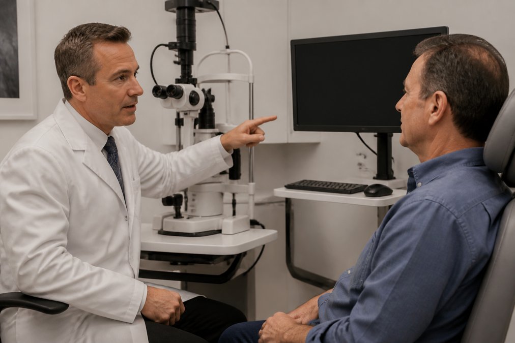 Ophthalmologist explaining a corneal topography scan to a patient considering laser eye surgery in a modern clinic