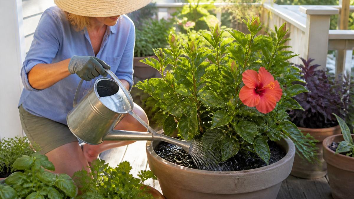 Gardener in a wide-brimmed hat watering a potted hibiscus on a sunny Southern porch