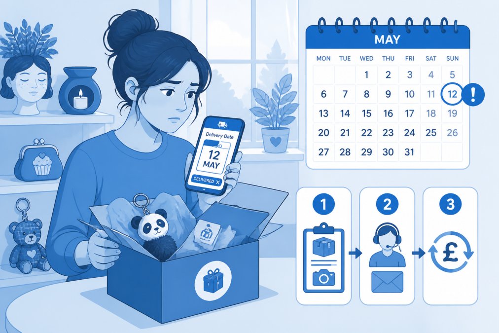 Person at home opening a package and checking delivery date on phone, with calendar visible showing missed deadline, photographed with natural daylight from window