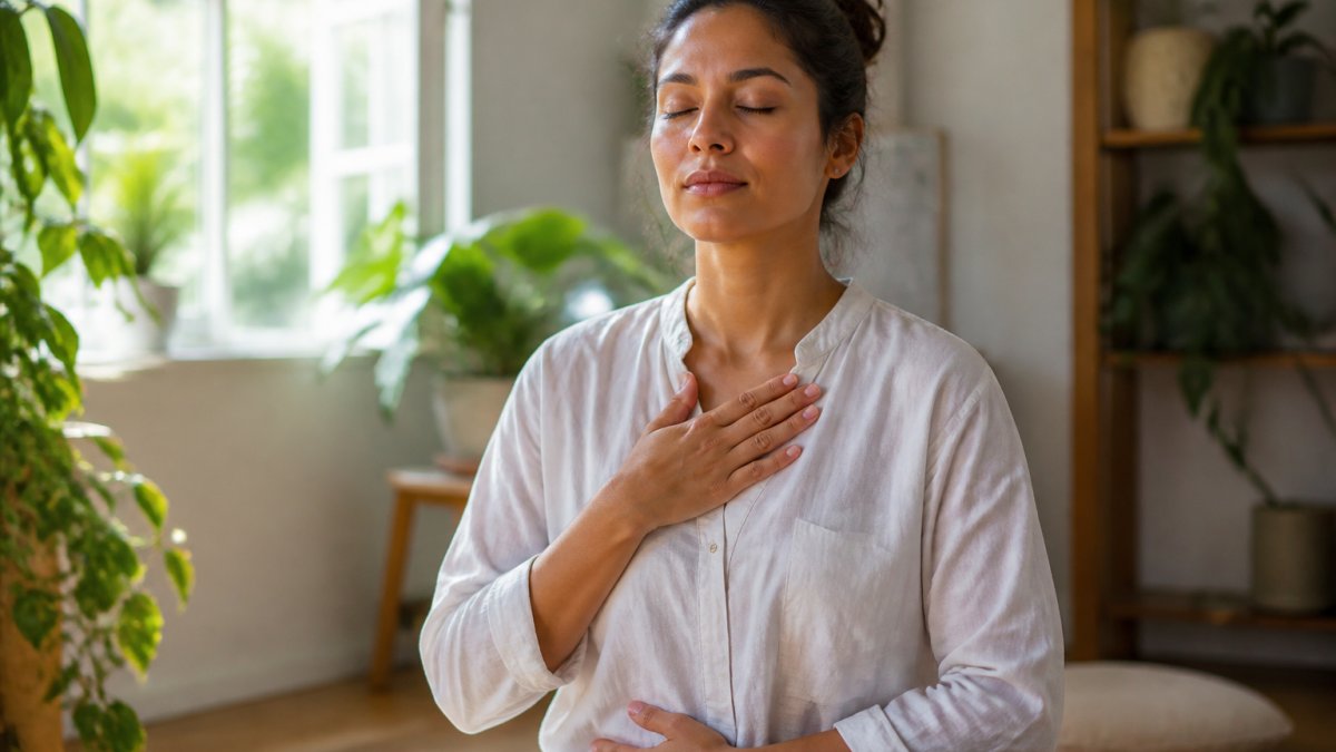 Person sitting in a peaceful, naturally lit space with eyes closed, one hand resting on their chest, engaged in a grounding breathing practice with soft morning light filtering through windows