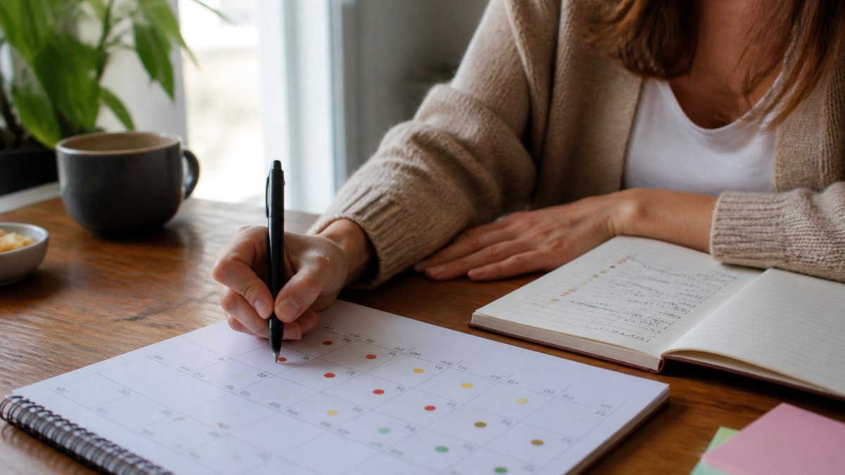 Woman sitting at a desk with a calendar and notebook, thoughtfully tracking her cycle and mood patterns, natural daylight filtering through windows, warm and calm atmosphere