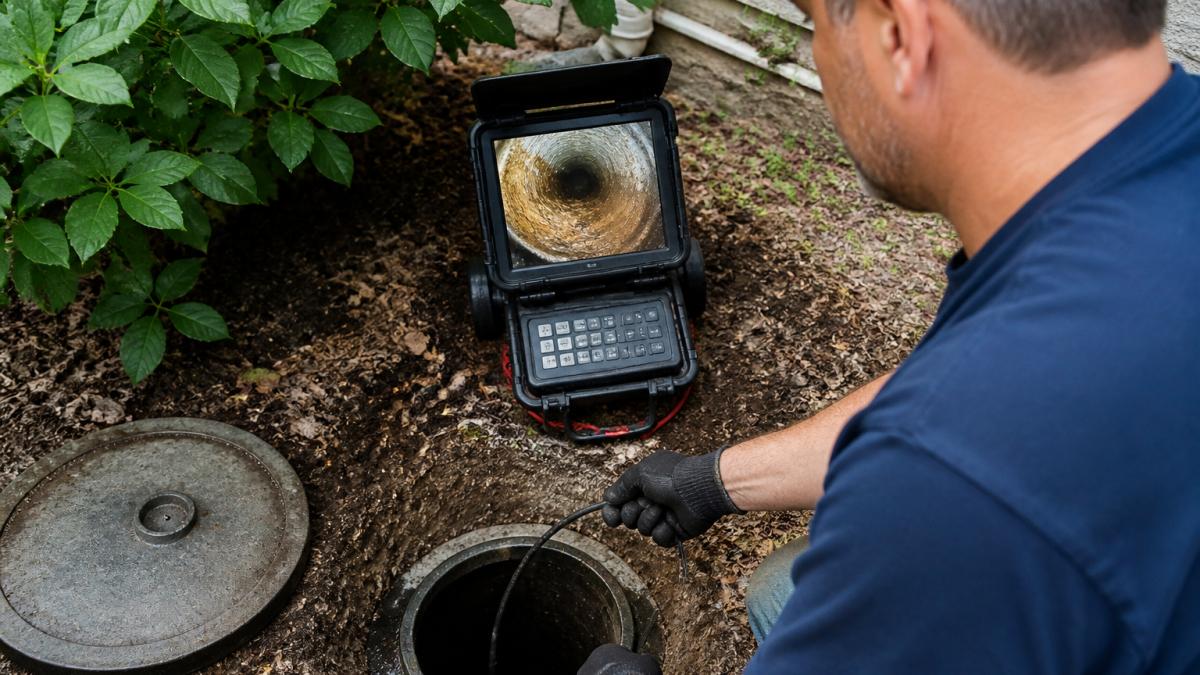 Plumber using a camera scope to inspect pipes before you can hydro jet a septic system to clear a blockage