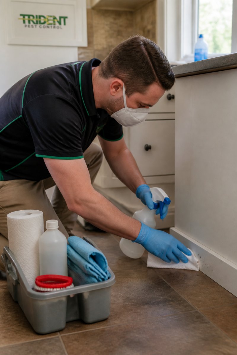 A person wearing disposable gloves and a face mask, using paper towel and a spray bottle of disinfectant to wipe down a kitchen skirting board where droppings were found, with cleaning supplies nearby on the floor