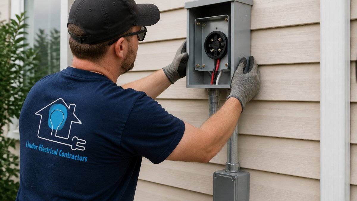 Professional electrician installing a generator inlet box on the exterior wall of a residential home, showing the box mounting, conduit connections, and wiring details in natural daylight