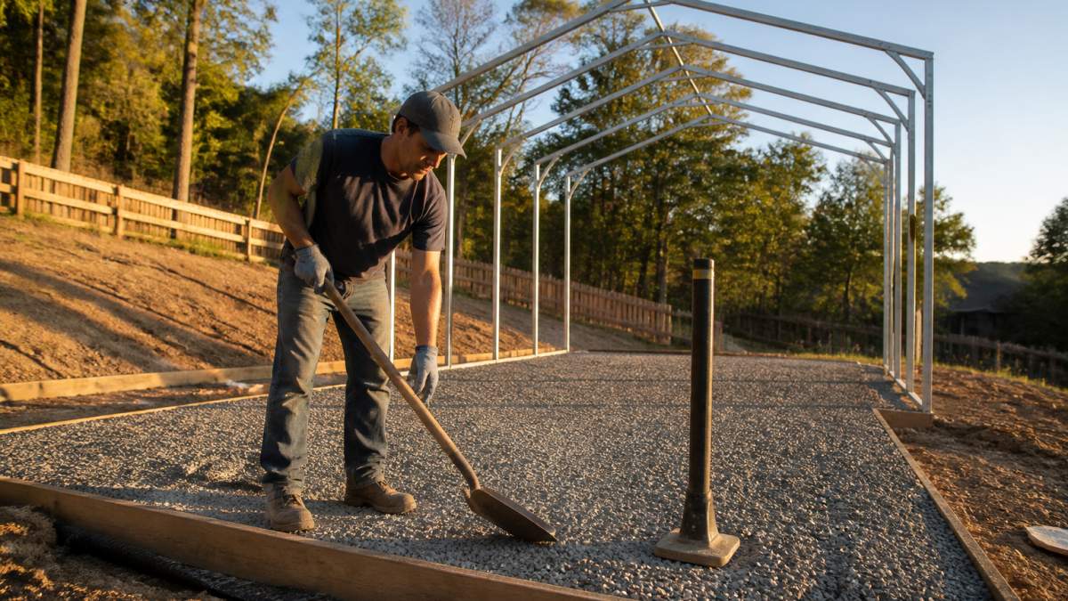 A homeowner using a shovel and hand tamper to level a gravel pad on a sloping backyard, with a partially assembled metal carport frame visible in the background under a clear sky