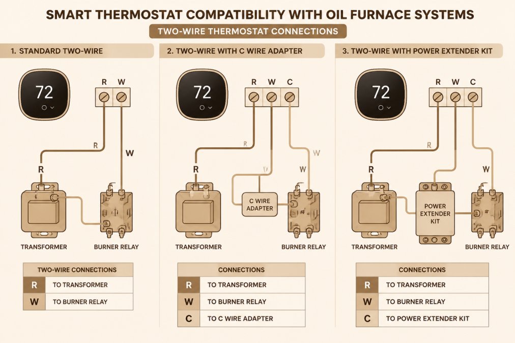 Wiring diagram showing two-wire thermostat connections for oil furnace: R terminal to transformer, W terminal to burner relay, with and without C wire adapter options