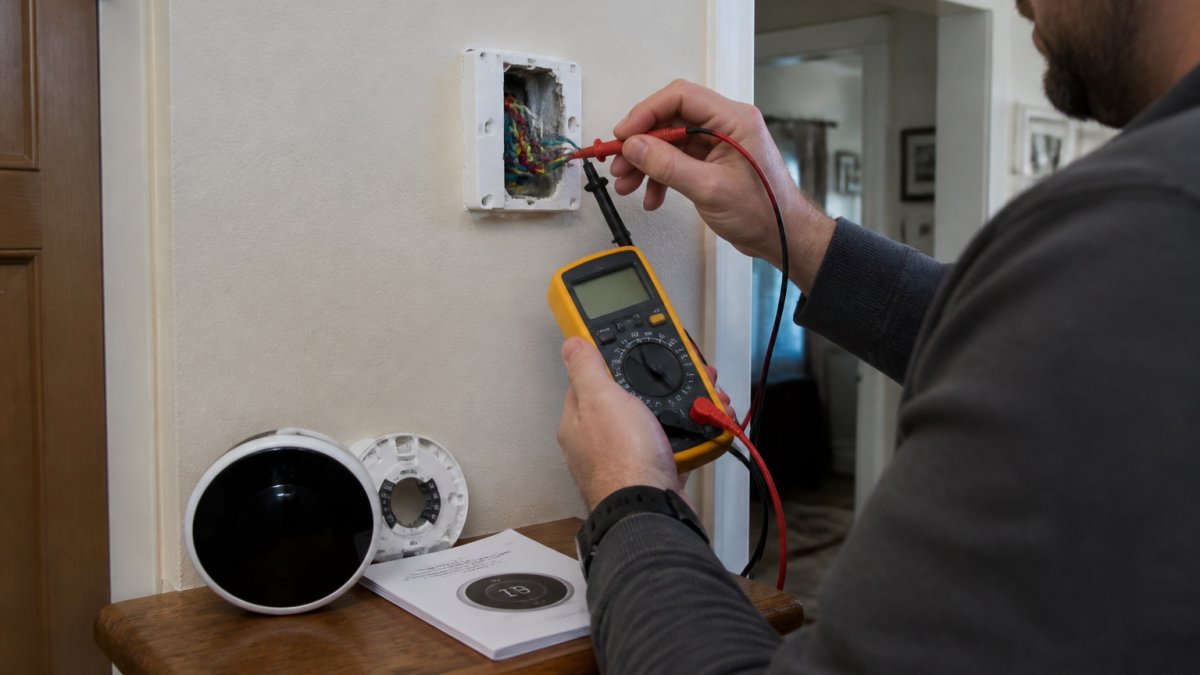 Homeowner testing low-voltage wires with a multimeter before installing a smart thermostat in an old home.