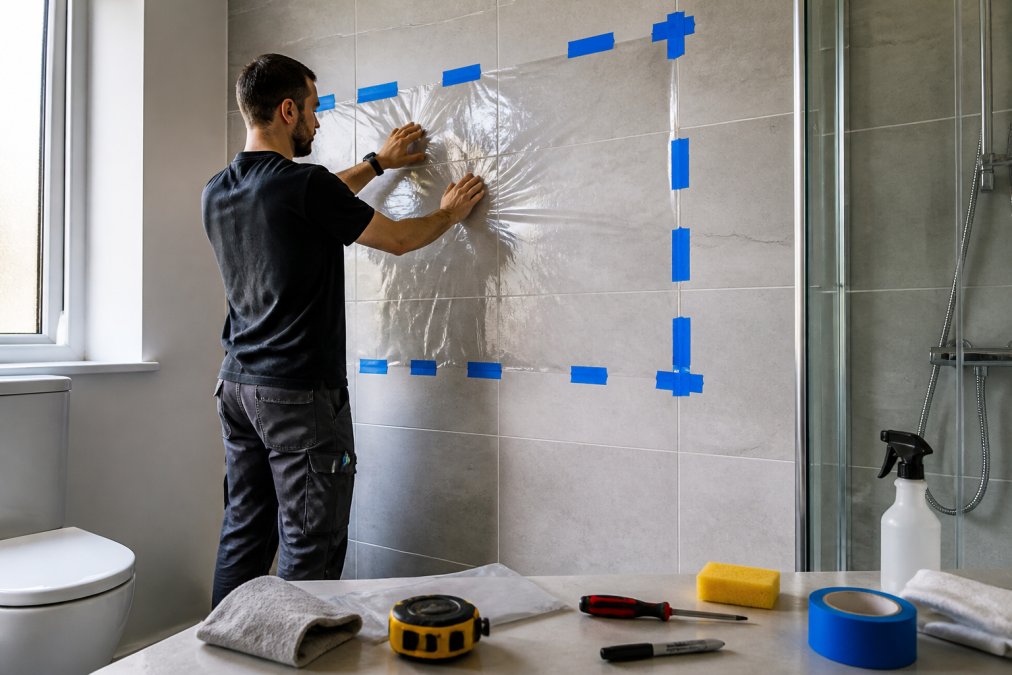 A DIYer in a bright bathroom taping a clear plastic sheet to a tiled wall, performing the 48-hour moisture barrier test before installing wall panels.