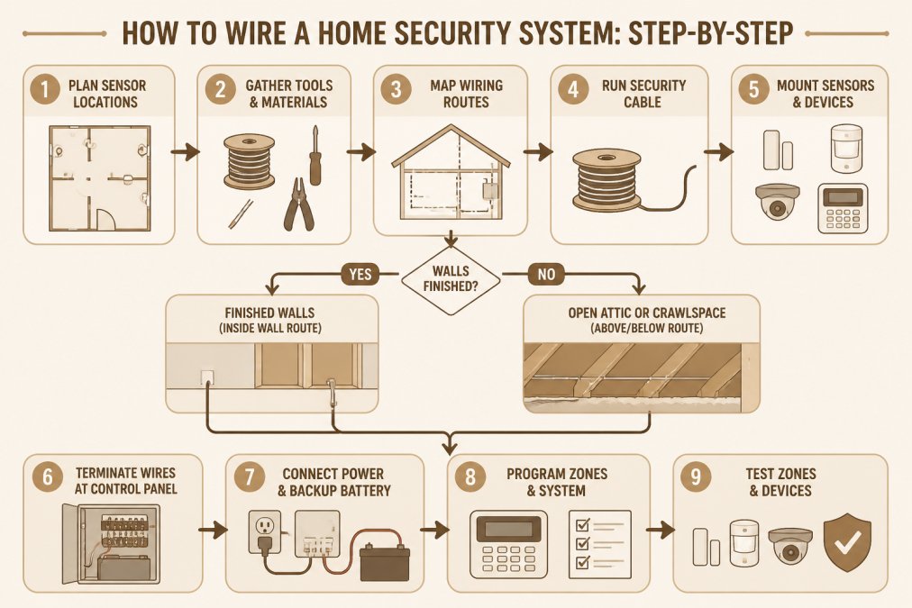 Flowchart showing the 9-step home security wiring process from planning sensor locations through testing zones, with decision branches for finished walls versus open attic or crawlspace access