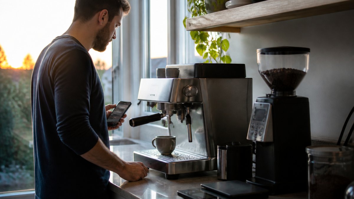 Diagram showing the step-by-step process of syncing an espresso machine and grinder with a smart home app.