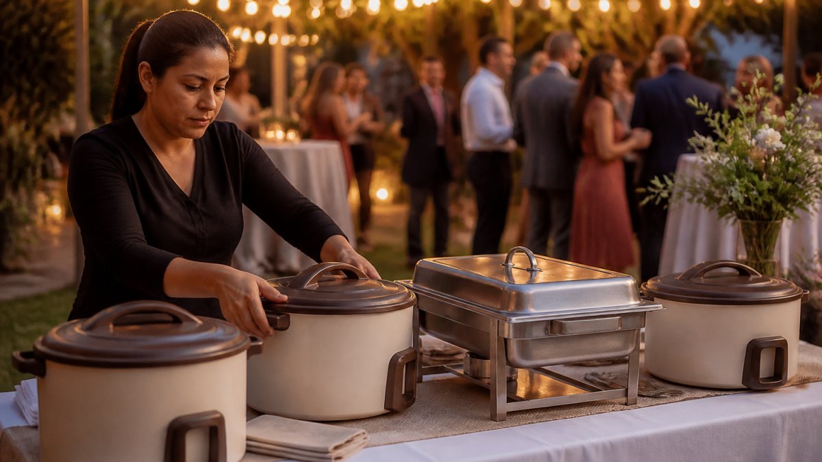 Step-by-step diagram for how to keep food warm using insulated serving dishes and chafing setups at outdoor events.